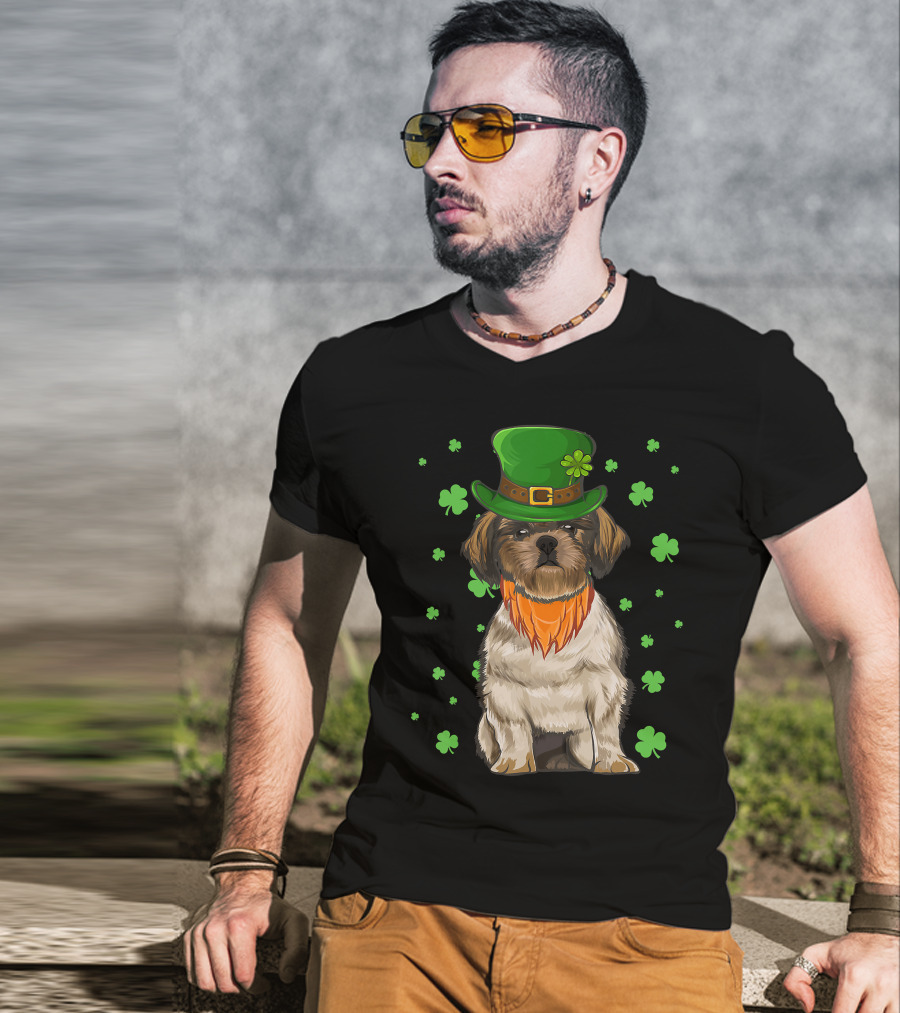 St Patricks Day Shih Tzu Dog With Green Hat And Shamrocks T-Shirt