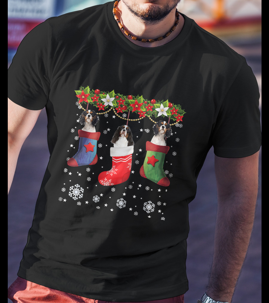 Three Cavalier Dogs In Christmas Stocking Santa Socks T-Shirt