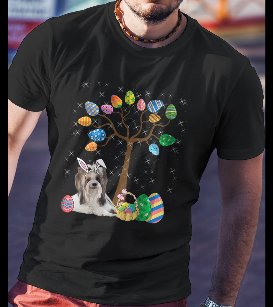 Shih Tzu Dog With Easter Egg Tree And Basket Hunt Day T-Shirt