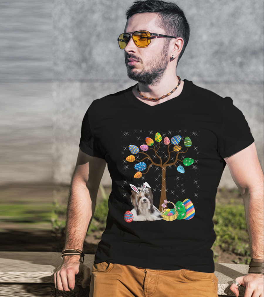 Shih Tzu Dog With Easter Egg Tree And Basket Hunt Day T-Shirt