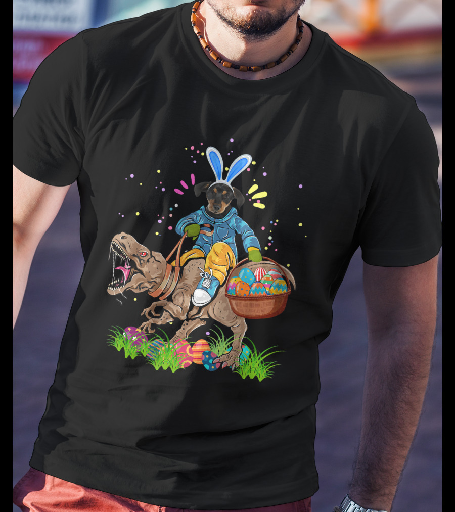 Bunny Rottweiler Dog Riding Rex Dinosaur With Easter Basket T-Shirt