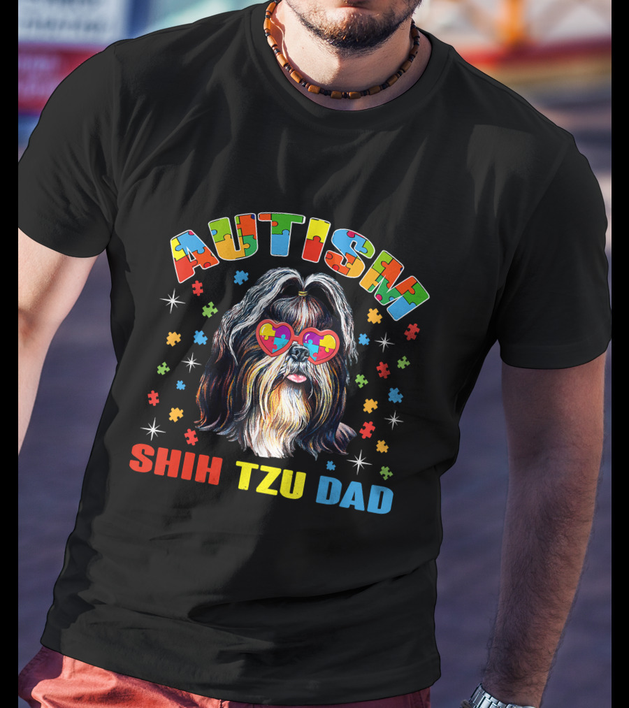 Autism Awareness Cute Shih Tzu Dog Dad With Puzzle Heart Glasses T-Shirt