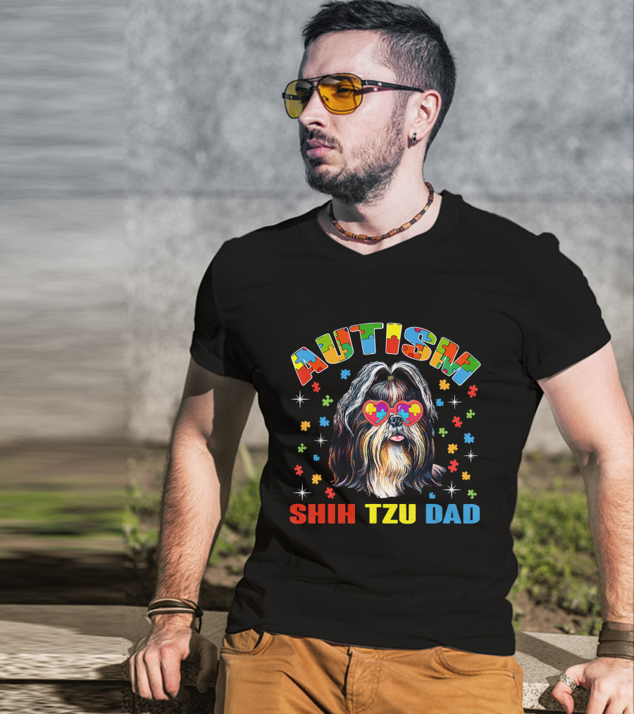 Autism Awareness Cute Shih Tzu Dog Dad With Puzzle Heart Glasses T-Shirt
