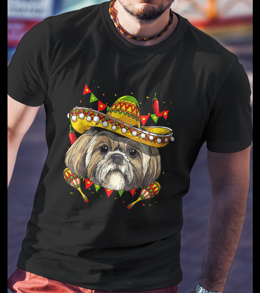 Cinco De Mayo Shih Tzu Sombrero Maracas Chili Peppers Fiesta T-Shirt