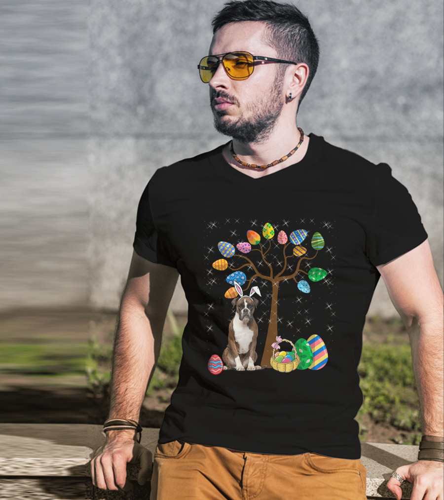 Boxer Dog With Easter Egg Tree And Bunny Ears For Easter Day T-Shirt