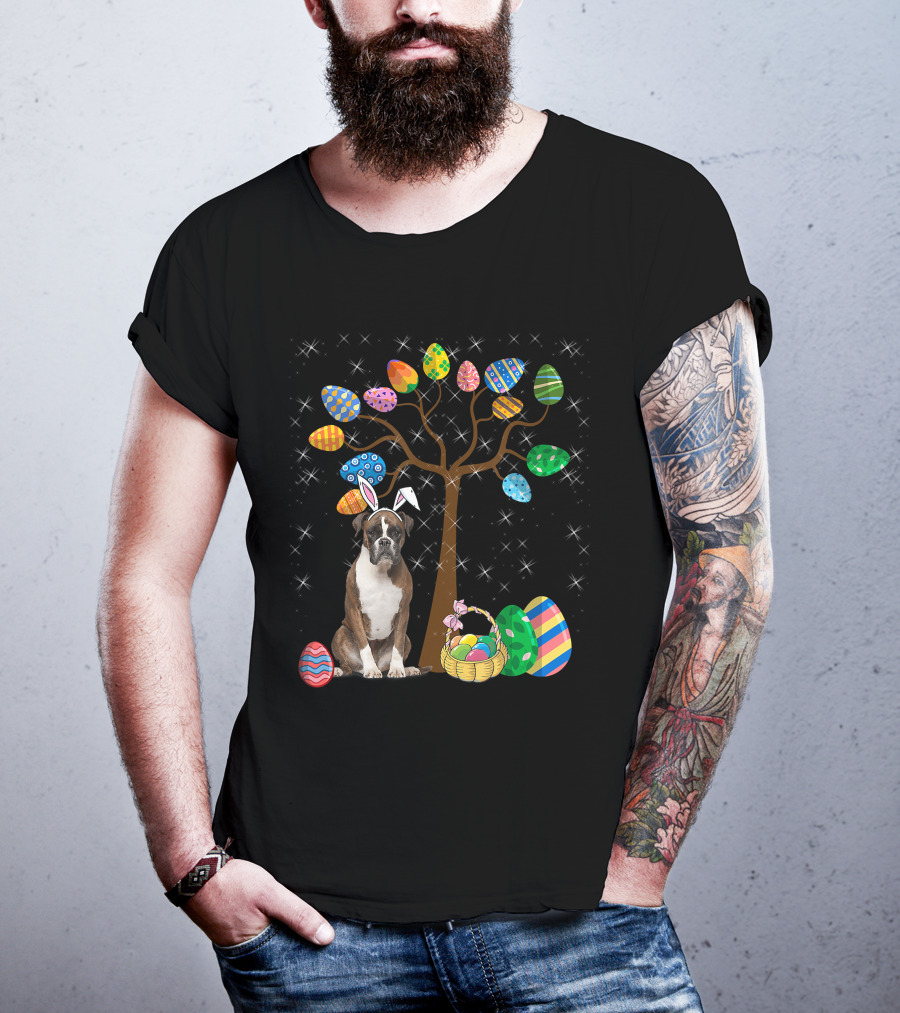 Boxer Dog With Easter Egg Tree And Bunny Ears For Easter Day T-Shirt