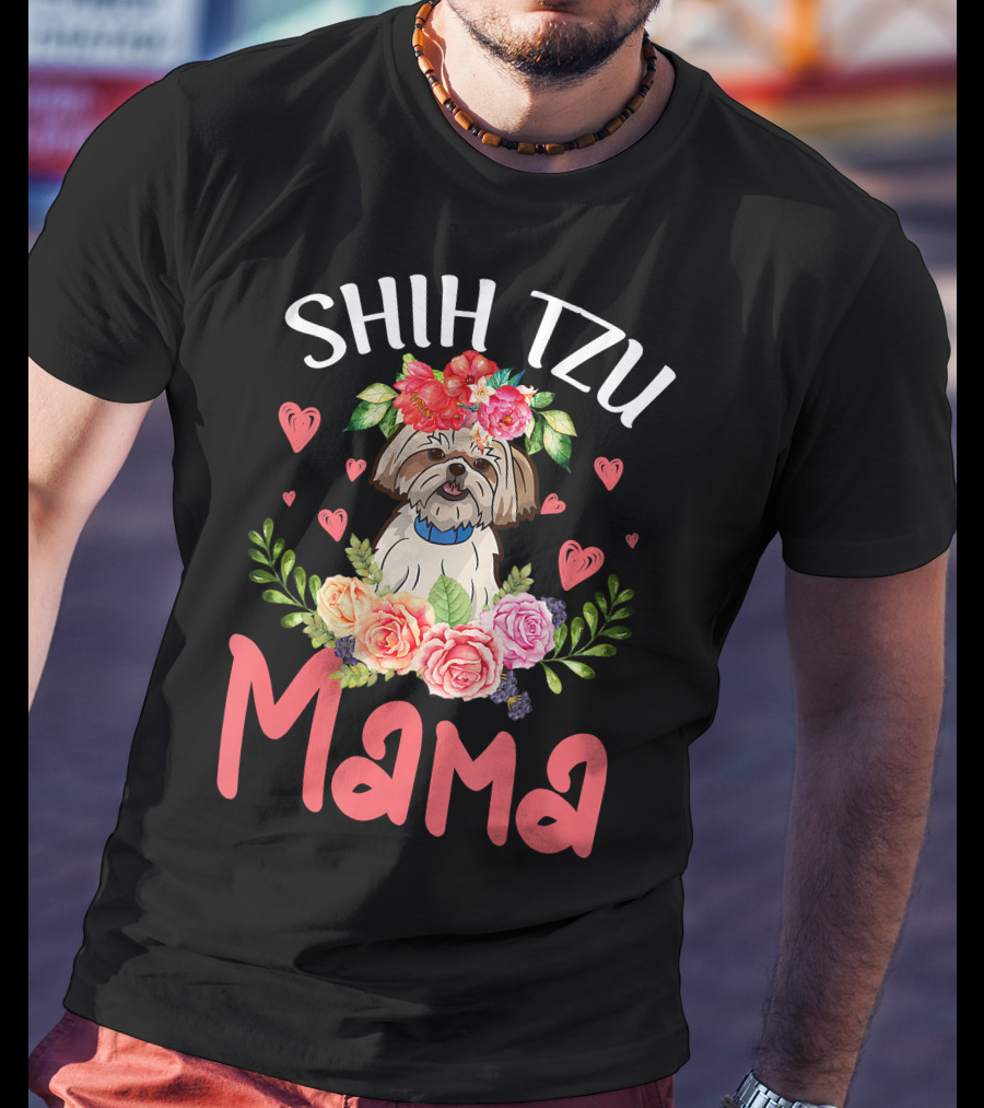Shih Tzu Mama With Floral Heart Accents T-Shirt