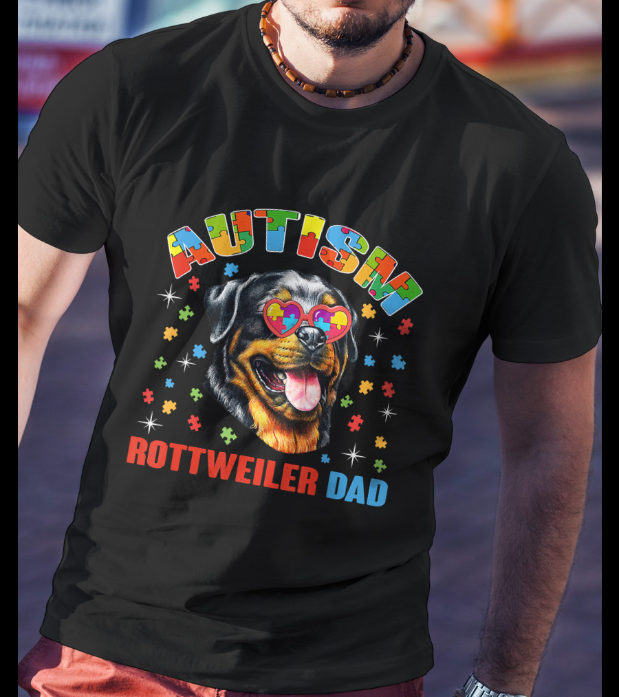 Autism Rottweiler Dad Colorful Puzzle Heart Sunglasses T-Shirt