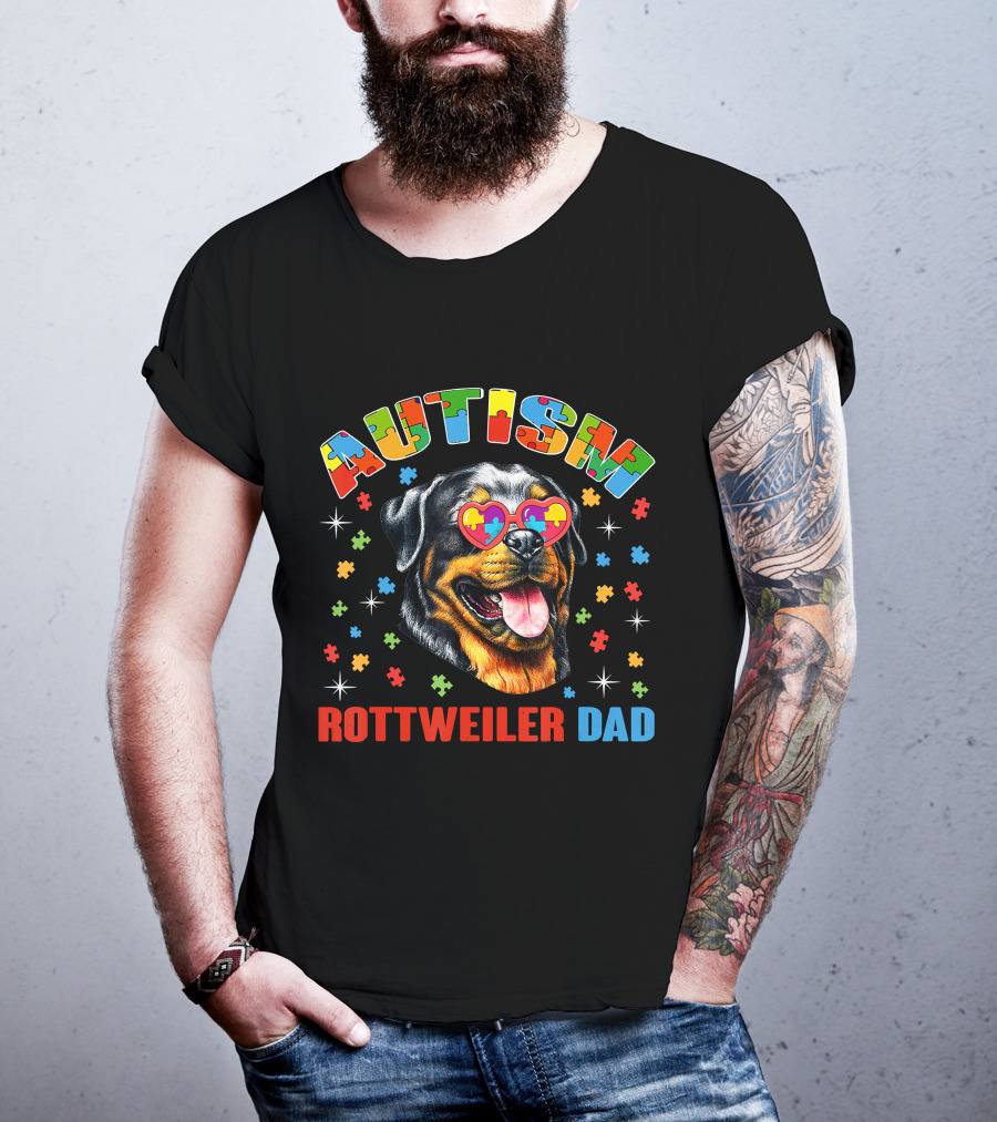 Autism Rottweiler Dad Colorful Puzzle Heart Sunglasses T-Shirt
