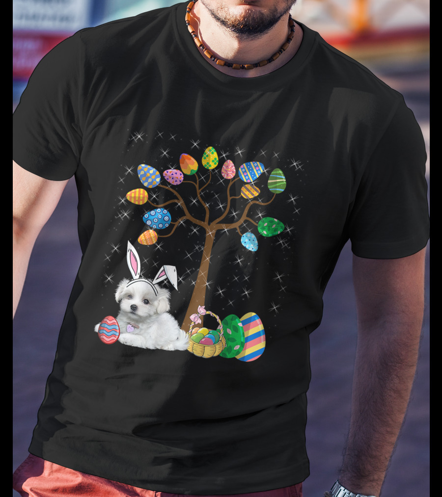 Maltese Dog With Bunny Ears Hunting Easter Eggs On Egg Tree T-Shirt