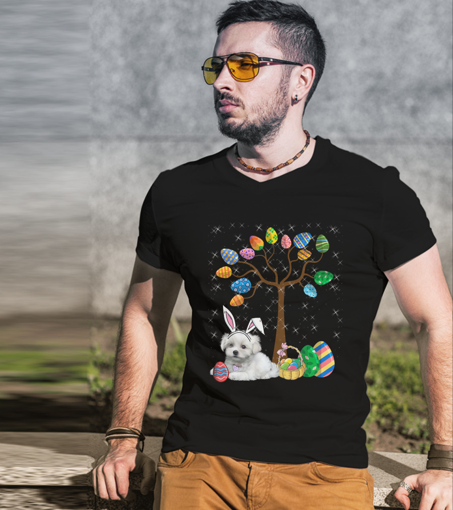 Maltese Dog With Bunny Ears Hunting Easter Eggs On Egg Tree T-Shirt