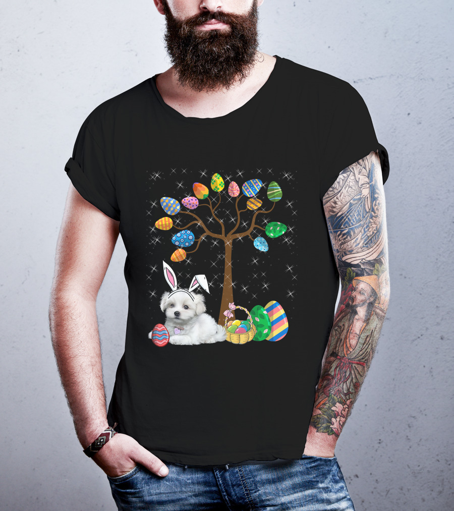 Maltese Dog With Bunny Ears Hunting Easter Eggs On Egg Tree T-Shirt