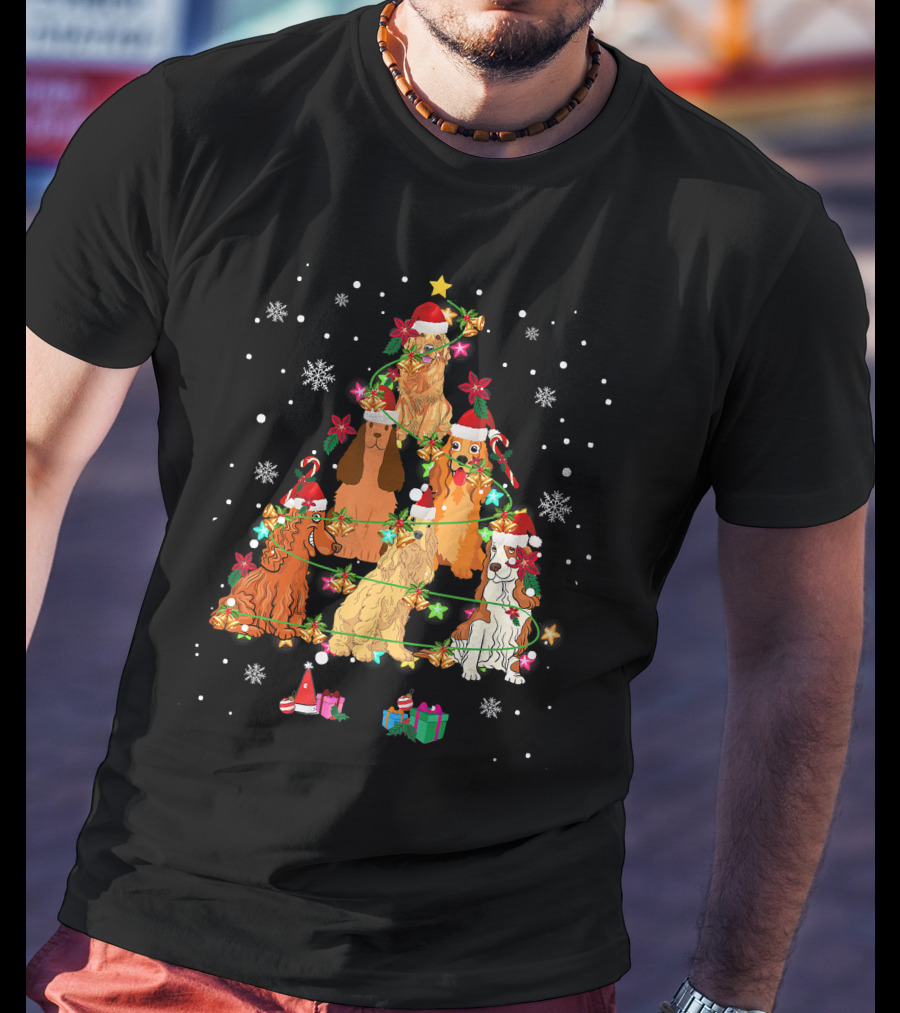 Cocker Spaniel Christmas Tree With Santa Hats And Snowflakes T-Shirt