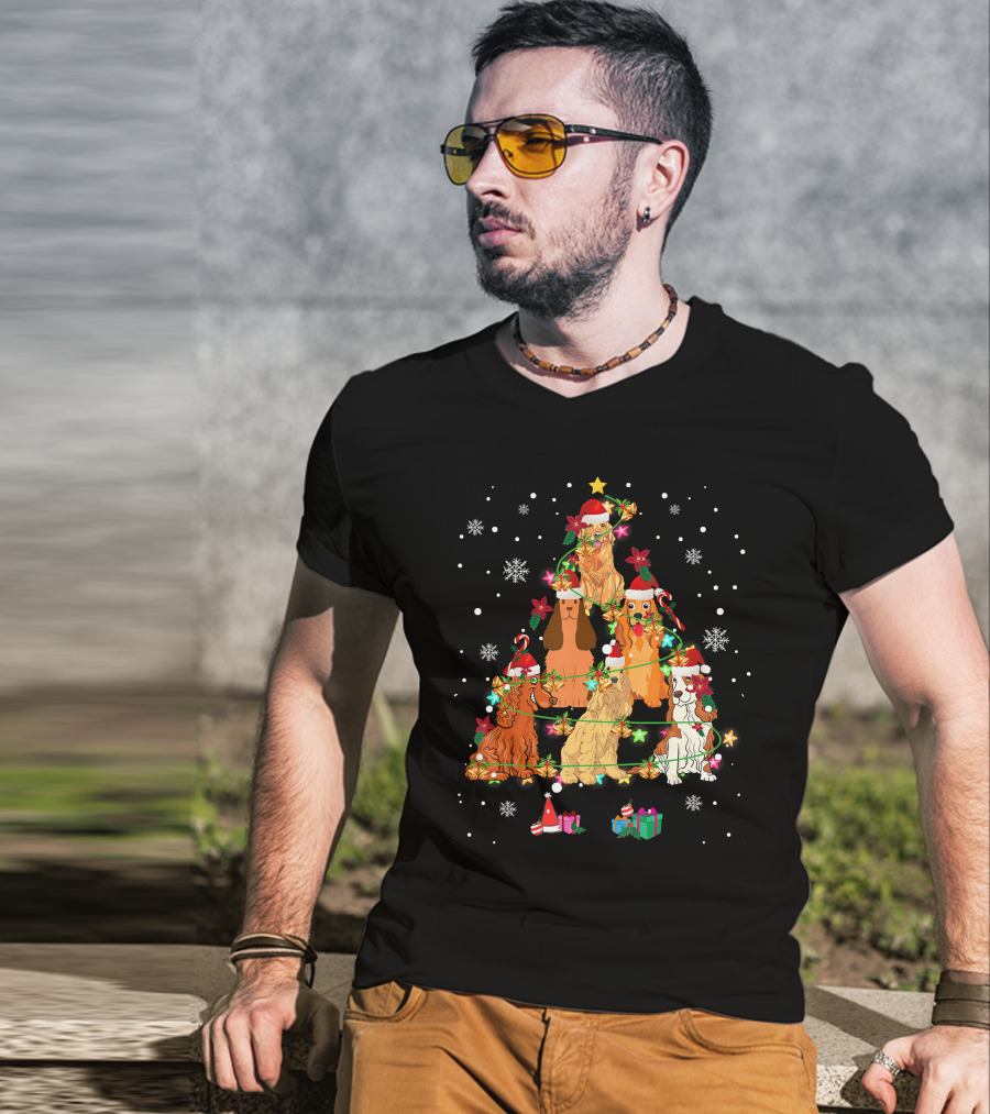 Cocker Spaniel Christmas Tree With Santa Hats And Snowflakes T-Shirt