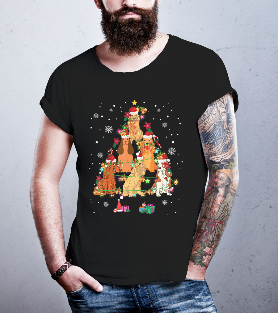 Cocker Spaniel Christmas Tree With Santa Hats And Snowflakes T-Shirt