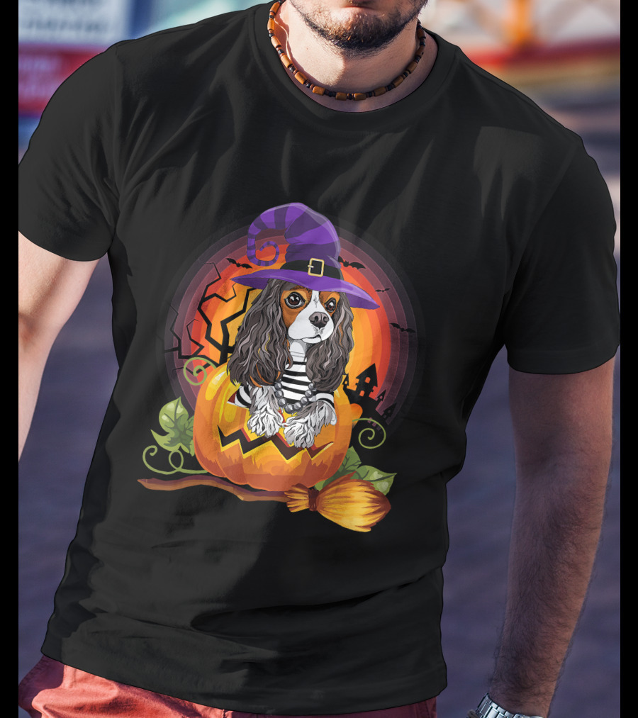 Cavalier Witch Dog In Pumpkin Halloween Scene T-Shirt