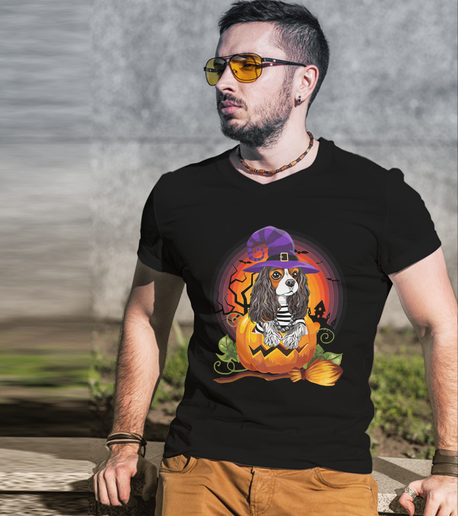 Cavalier Witch Dog In Pumpkin Halloween Scene T-Shirt