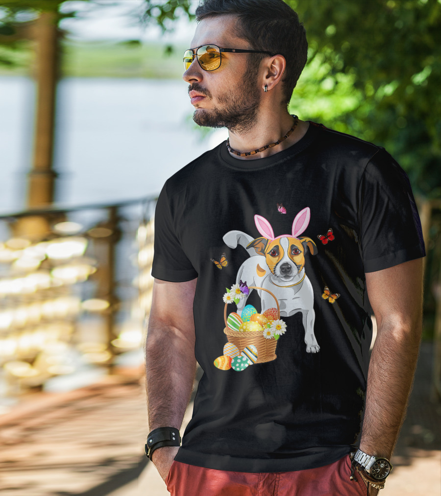 Cutes Jack Russell Bunny Ear With Butterflies And Easter Eggs In Basket T-Shirt