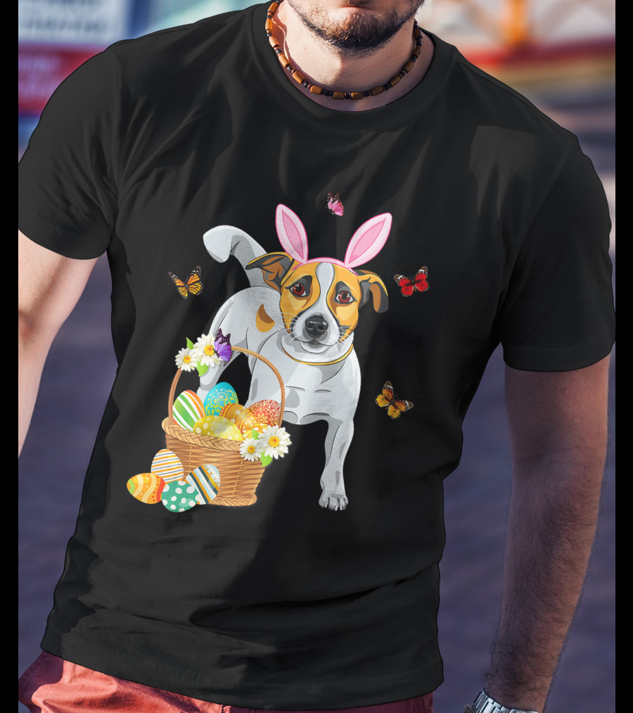 Cutes Jack Russell Bunny Ear With Butterflies And Easter Eggs In Basket T-Shirt