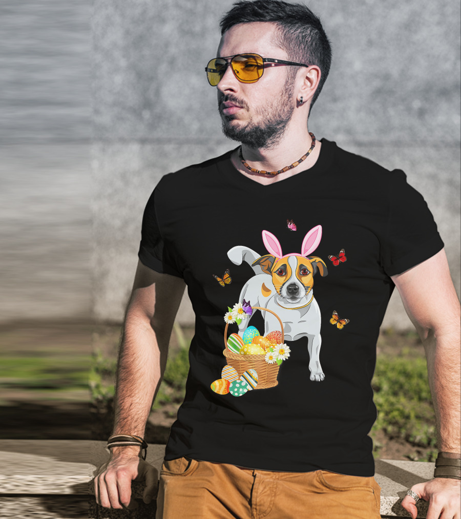 Cutes Jack Russell Bunny Ear With Butterflies And Easter Eggs In Basket T-Shirt
