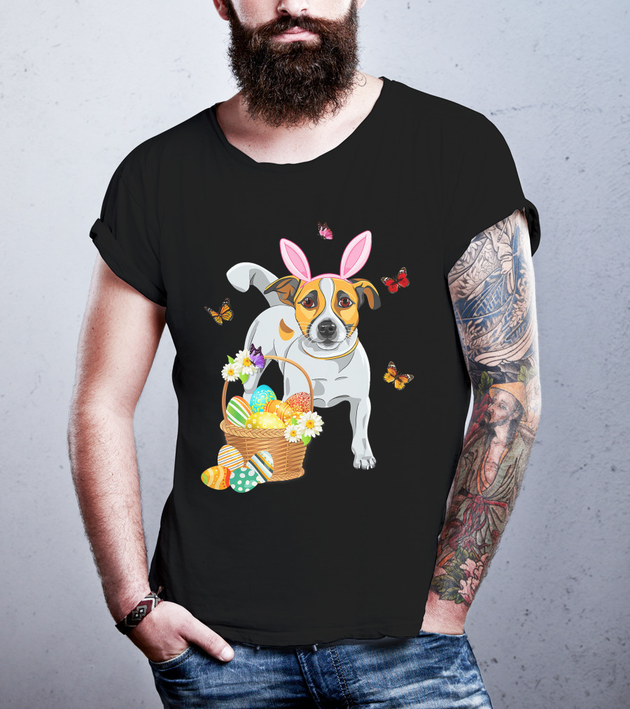 Cutes Jack Russell Bunny Ear With Butterflies And Easter Eggs In Basket T-Shirt