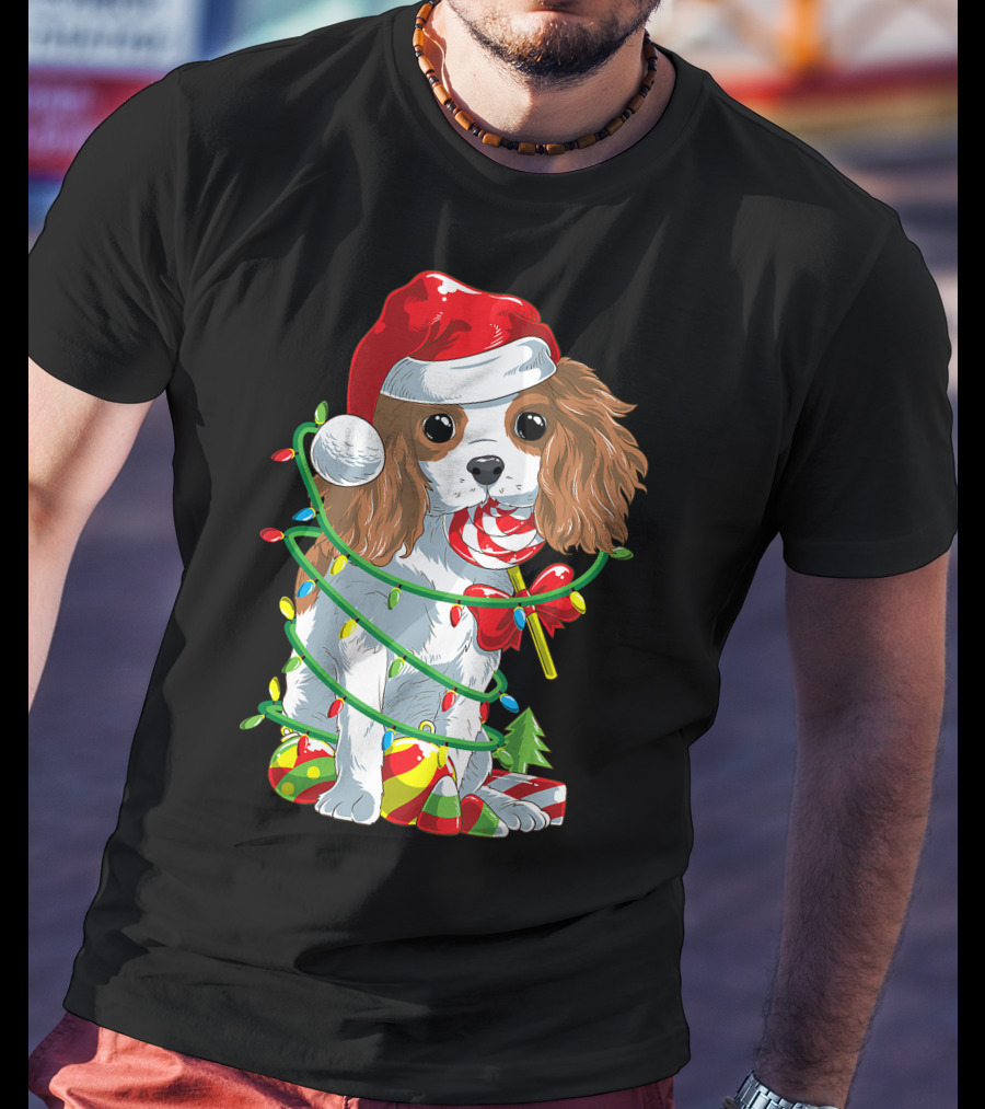 Cute Cavalier King Charles Spaniel Dog In Santa Hat With Christmas Lights And Candy Cane T-Shirt