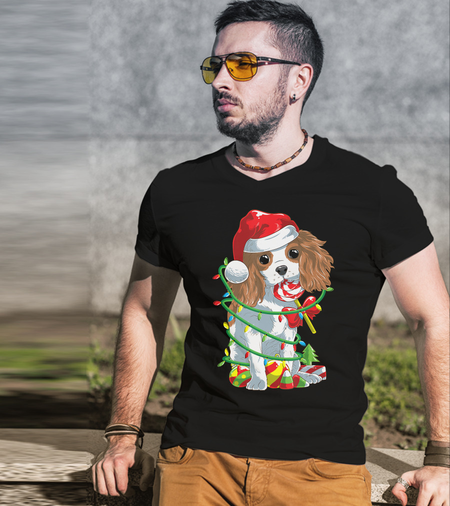 Cute Cavalier King Charles Spaniel Dog In Santa Hat With Christmas Lights And Candy Cane T-Shirt