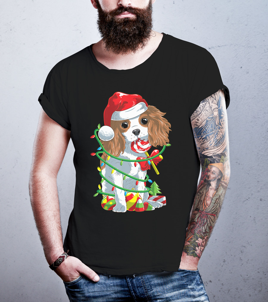 Cute Cavalier King Charles Spaniel Dog In Santa Hat With Christmas Lights And Candy Cane T-Shirt