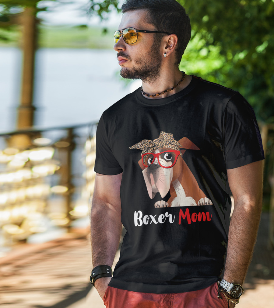 Boxer Mom With Red Glasses And Leopard Headband For Dog Lovers T-Shirt