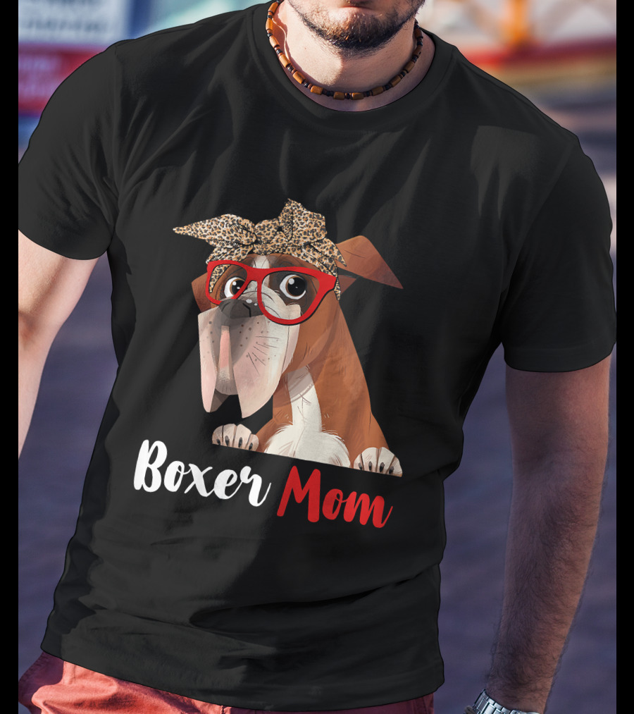 Boxer Mom With Red Glasses And Leopard Headband For Dog Lovers T-Shirt