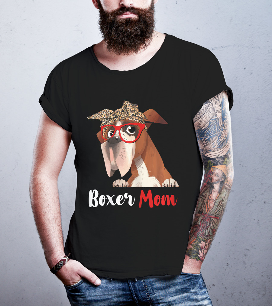 Boxer Mom With Red Glasses And Leopard Headband For Dog Lovers T-Shirt