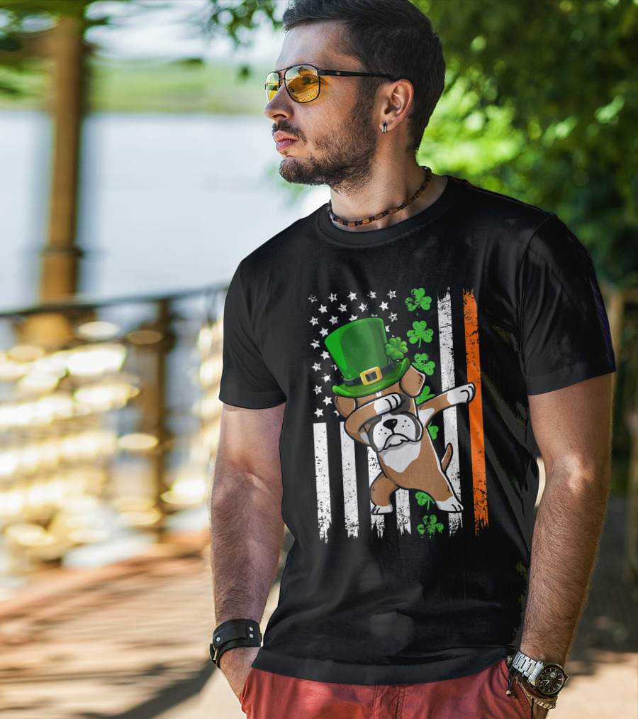 Dabbing Boxer Dog Leprechaun Hat American Irish Flag T-Shirt