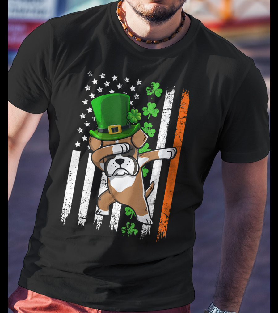 Dabbing Boxer Dog Leprechaun Hat American Irish Flag T-Shirt