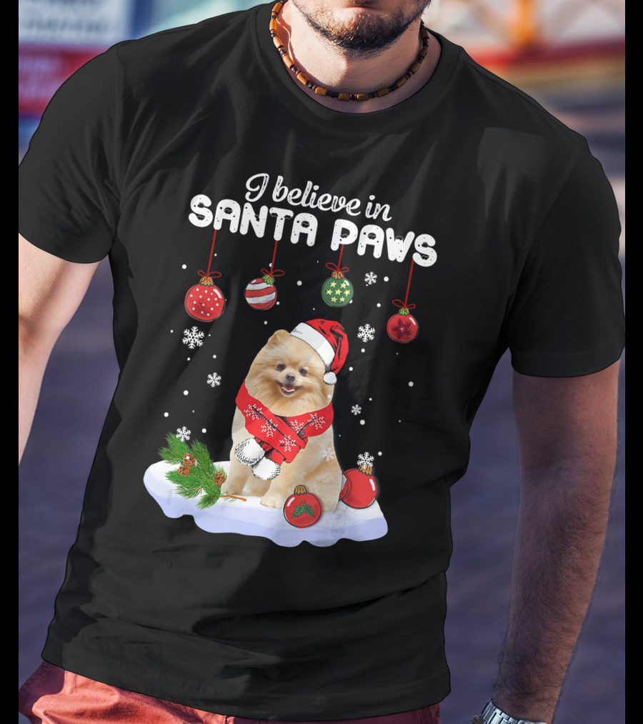 I Believe In Santa Paws Pomeranian Festive Christmas Ornaments Snowflakes T-Shirt