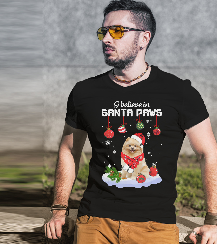 I Believe In Santa Paws Pomeranian Festive Christmas Ornaments Snowflakes T-Shirt