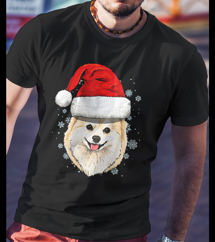 Pomeranian Santa Hat Snowflakes Christmas T-Shirt