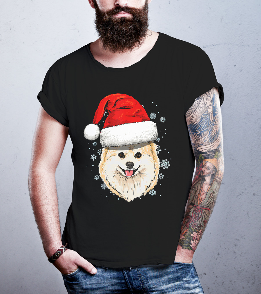 Pomeranian Santa Hat Snowflakes Christmas T-Shirt