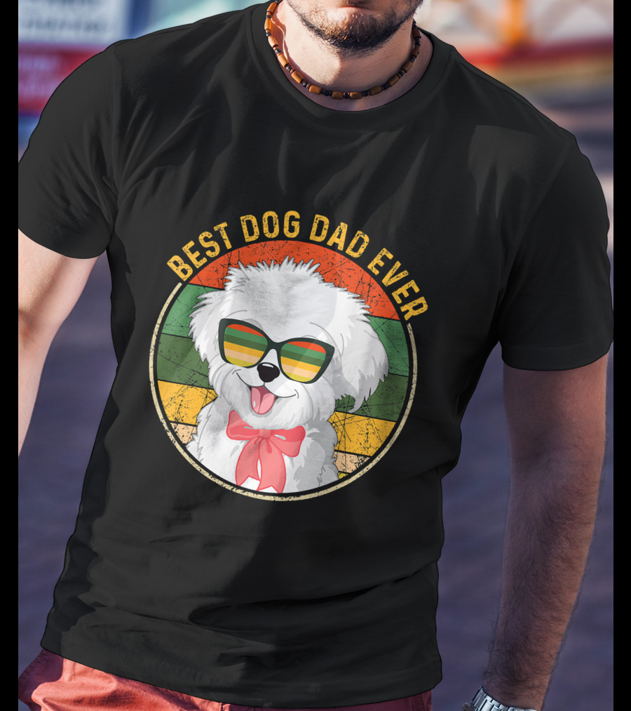 Best Dog Dad Ever Retro Vintage Maltese Sunglasses T-Shirt