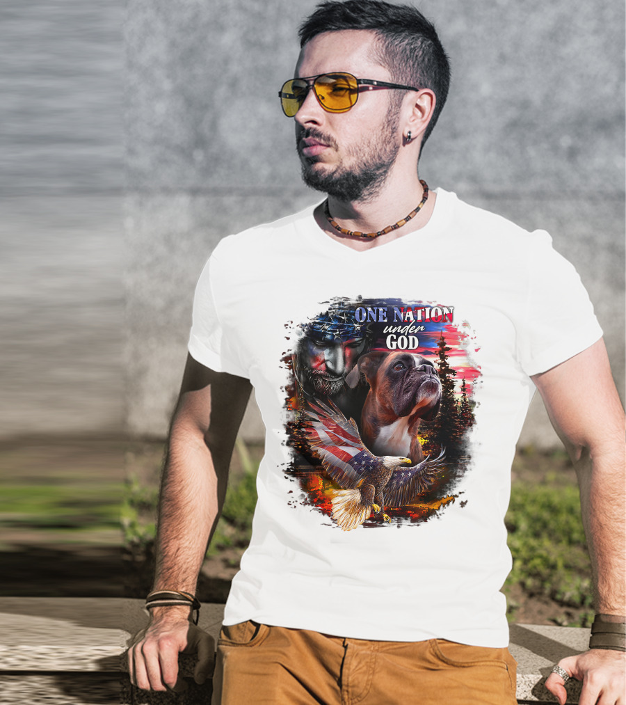 One Nation Under God Boxer With American Eagle And Flag Iconography T-Shirt