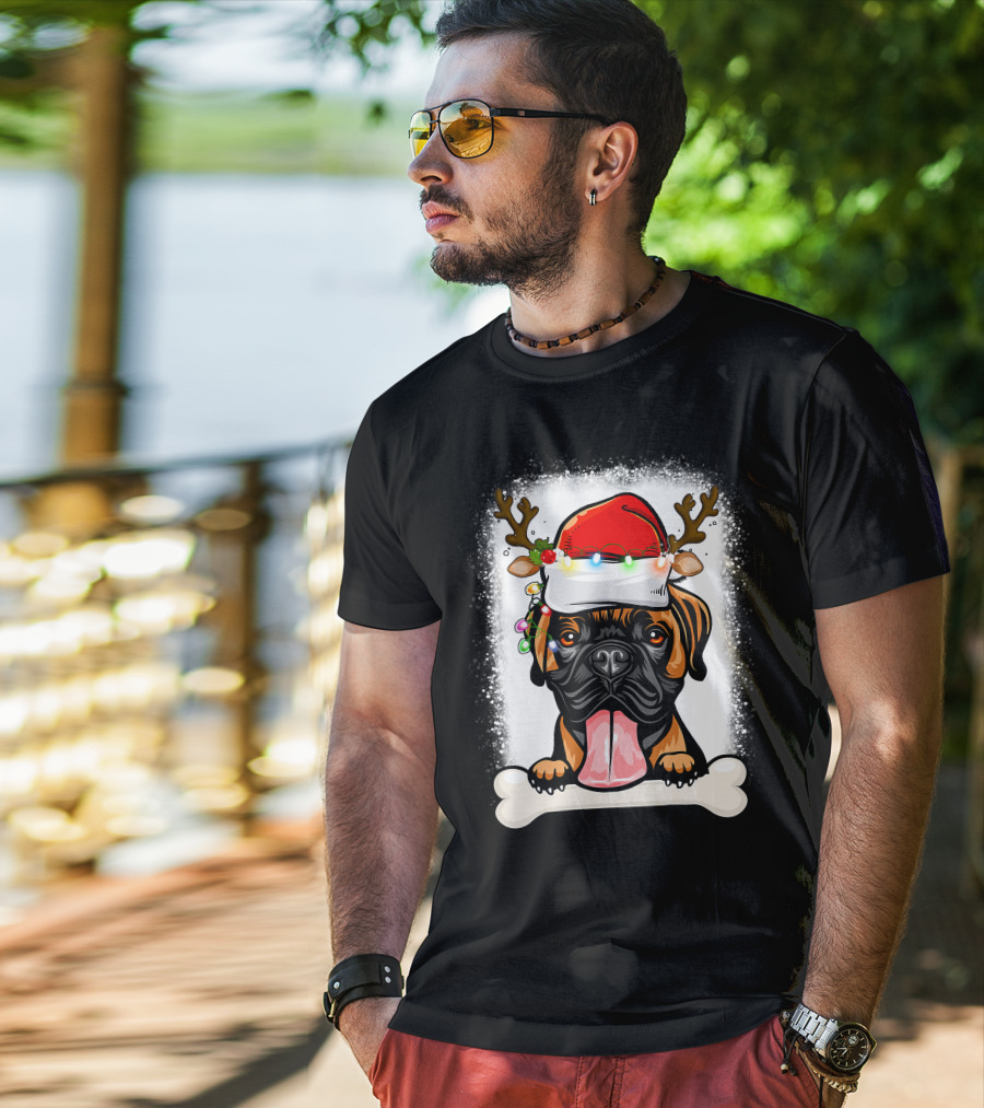 Boxer Dog With Santa Hat And Antlers Holding A Bone With Christmas Lights T-Shirt