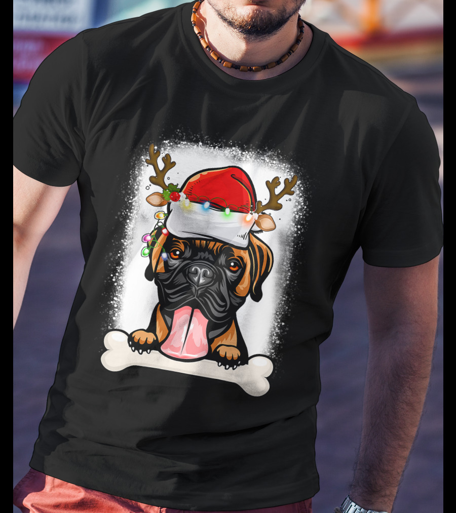 Boxer Dog With Santa Hat And Antlers Holding A Bone With Christmas Lights T-Shirt