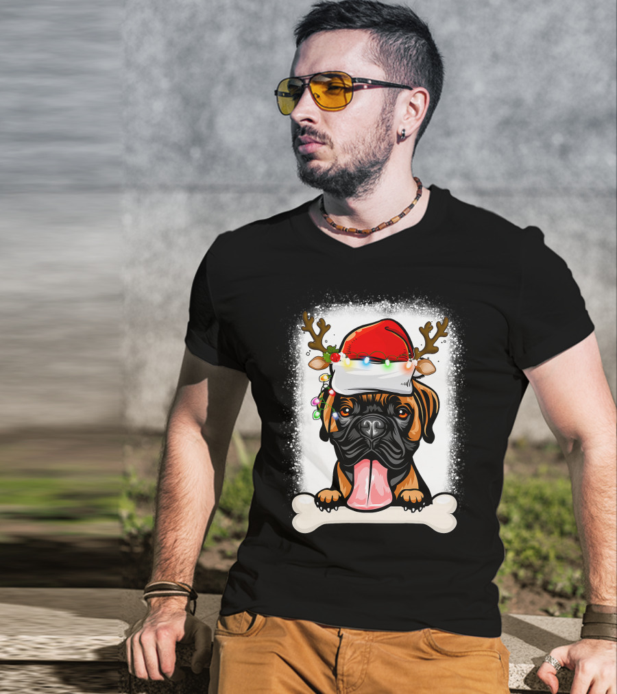 Boxer Dog With Santa Hat And Antlers Holding A Bone With Christmas Lights T-Shirt