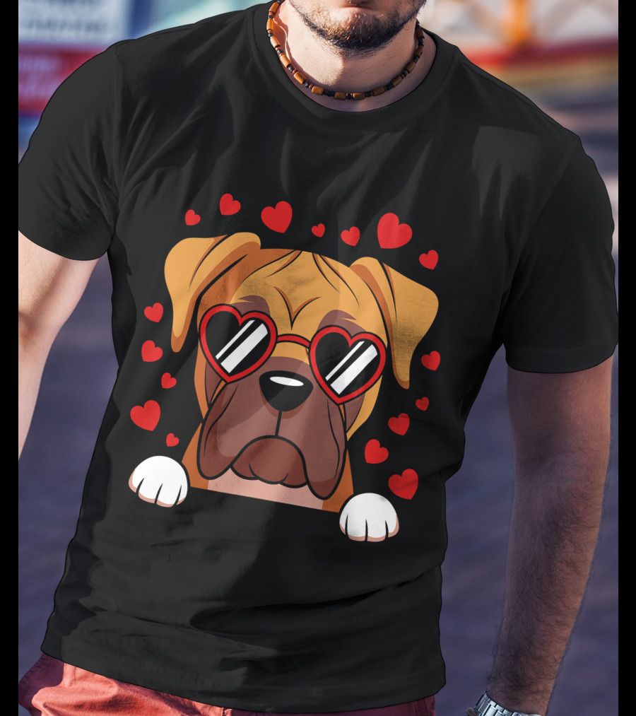 Boxer Dog Face With Red Heart Glasses Surrounded By Floating Hearts T-Shirt