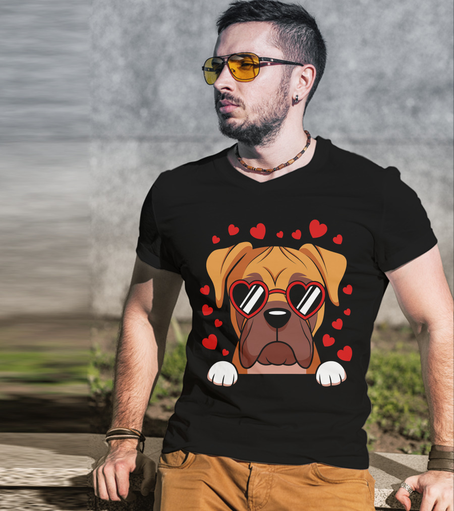 Boxer Dog Face With Red Heart Glasses Surrounded By Floating Hearts T-Shirt