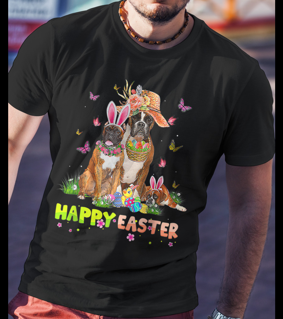 Happy Easter Boxer Dogs Bunny Ears Eggs And Butterflies T-Shirt