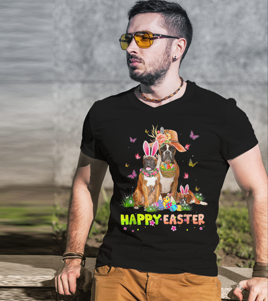 Happy Easter Boxer Dogs Bunny Ears Eggs And Butterflies T-Shirt