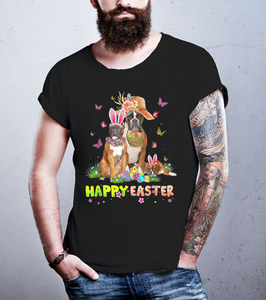 Happy Easter Boxer Dogs Bunny Ears Eggs And Butterflies T-Shirt