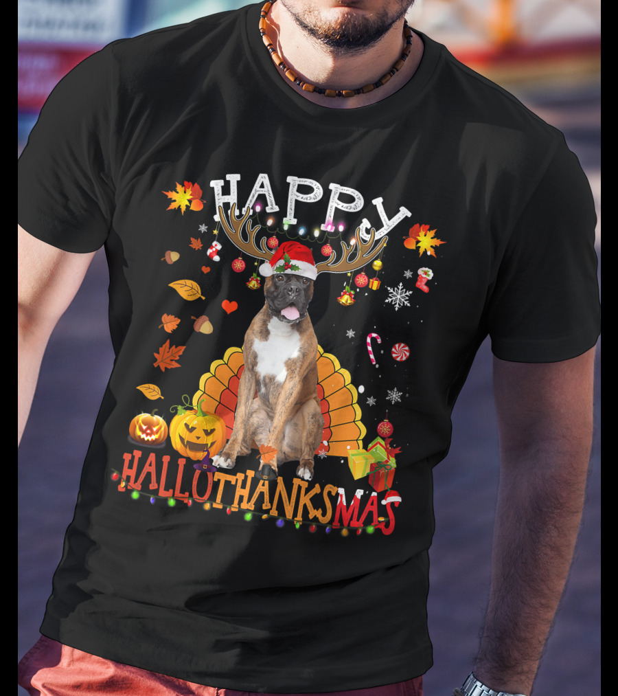 Happy Hallothanksmas Boxer Dog Halloween Turkey Christmas Lights T-Shirt