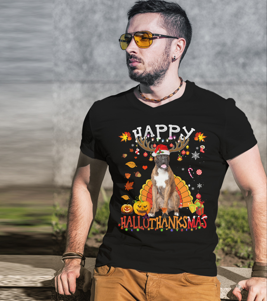 Happy Hallothanksmas Boxer Dog Halloween Turkey Christmas Lights T-Shirt