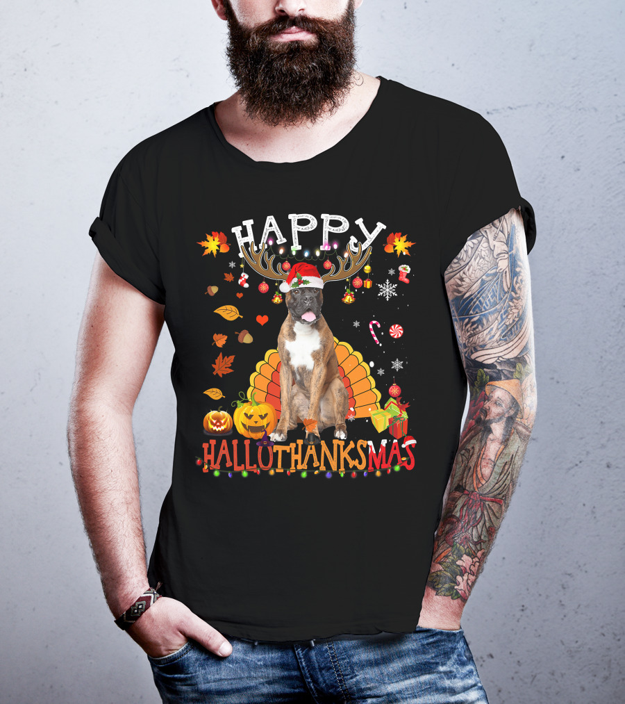 Happy Hallothanksmas Boxer Dog Halloween Turkey Christmas Lights T-Shirt